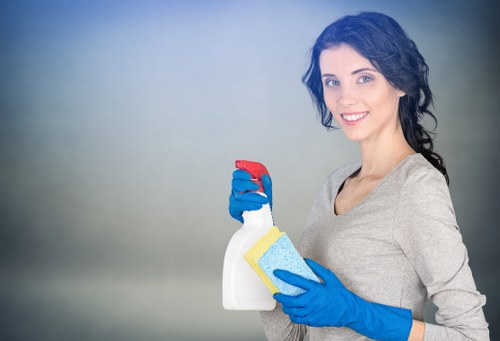 Technician using safe procedures during carpet cleaning